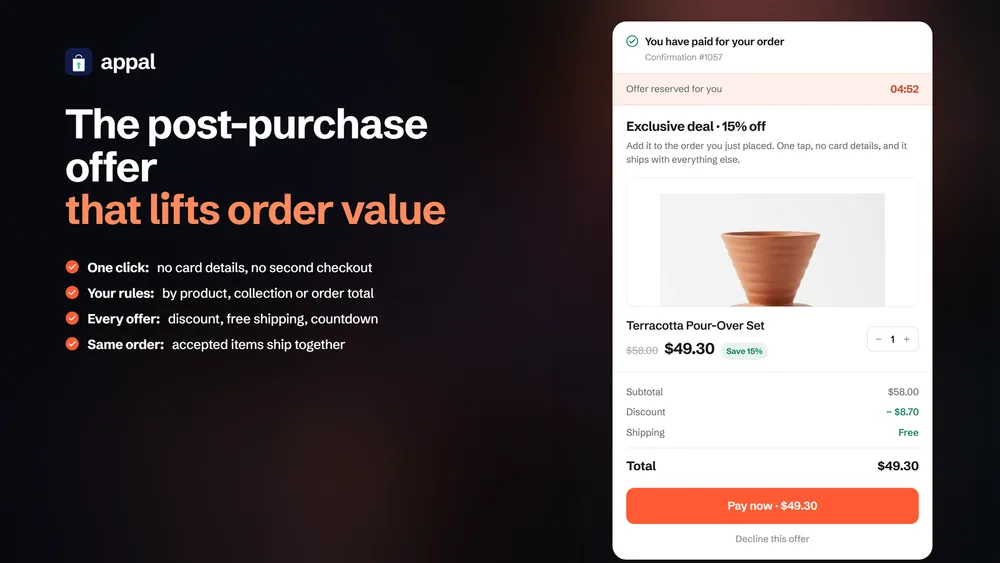 The post-purchase offer page a shopper sees after paying. A tick reads that the order is paid, above a strip saying the offer is reserved for four minutes and fifty-two seconds. Below it, an exclusive deal at 15 percent off a Terracotta Pour-Over Set, 58 dollars struck through to 49 dollars 30, with subtotal, discount and free shipping adding up to 49 dollars 30, and a Pay now button.