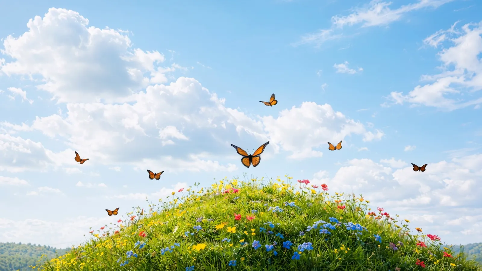 A hill of wildflowers under a blue summer sky, with butterflies passing over it.